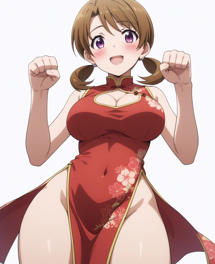 score_9, score_8_up, score_7_up, rating_explicit, 1girl, solo, honoka mitsui, mahouka koukou no rettousei, mitsui honoka, purple eyes, brown hair, medium hair, twintails, low twintails, large breasts, china dress, chinese clothes, red dress, print dress, floral print, cleavage cutout, clothing cutout, covered navel, bare arms, sleeveless, sleeveless dress, short dress, side slit, pelvic curtain, bare legs, upskirt, underwear, panties, crotch seam, red panties, pantyshot, from below, cowboy shot, paw pose, hands up, looking down, looking at viewer, simple background, white background, blush, smile, :d, open mouth