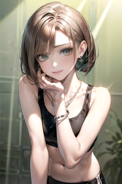 (random  pose),(Highest image quality,(8k),ultra-realistic,best quality, high quality, high definition, high quality texture,

(Perfect Hands,Perfect Fingers,Perfect Limbs,Perfect Body,Correct Human Body,Perfect Image Realism,Perfect Anatomy), (Beautiful Elaborate Face,Beautiful Facial Line), (Left to Right Balance) Beautiful Eyes, 

BREAK

((32 years old: 1.2,mature), bright smile,Friendly smile,  fitness trainer, well-groomed eyebrows, ((Glossy smooth hair, light brown hair,Light brown short bob cut hairstyle: 1.5)), (Energetic, friendly, with a healthy dose of charm: 1.2),Big hips, big breasts, ((C-cup breasts )),

tight black sports leggings, green sports bras, (Silver chain necklace with small green charms, simple earrings, silver bracelet), dslr, daytime,Spacious gym,Background with depth,
