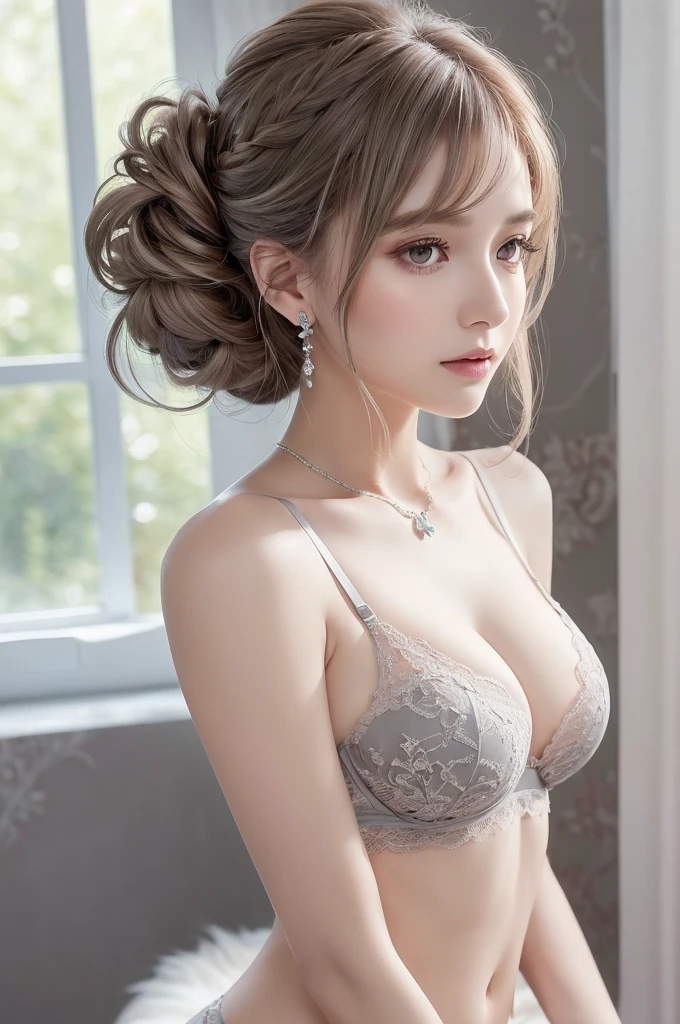 darkgray lace thong bra, Large Breasts, (((Very elegant and beautiful, Perfect detail, Very detailed))), whole body, The most detailed girl, Written boundary depth, 美しく詳細なwhole body, Thin legs, 1 Girl, 30 years old, Very short hair, Spiked Hair, Gray and silver hair, Beautiful detailed hair, Perfect Face, Expressionless, Beautiful, detailed, deep eyes, Please open your mouth a little, Delicate arms and hands, Pale skin, Earrings, Beautiful and gorgeous necklace, Colorful background, HD background, Blurred Background, Very delicate and beautiful, masterpiece, (((Highest quality, Very beautiful 8K CG wallpaper))), (((Trendy hairstyles))), (Inside the room,Stylish interior,window),