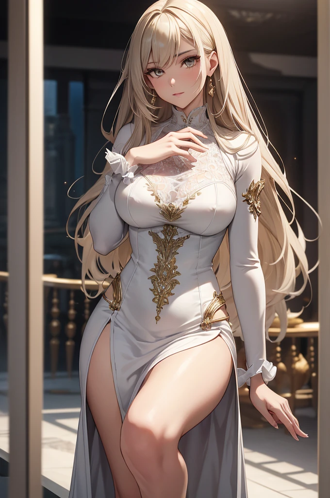 highest quality, ultra high resolution, super detailed, gorgeous, masterpiece, best quality, high resolution finely detailed, extremely beautiful, distinct image, beautiful mature young woman at the peak of her beauty, silver-gun metal hair, divine golden colored eyes, athletic physique, cold face, big breasts, narrow waist, pear shaped figure, tall height(180cm), long slender legs, lightning in her hands, elegant form-fitting body covering dress
