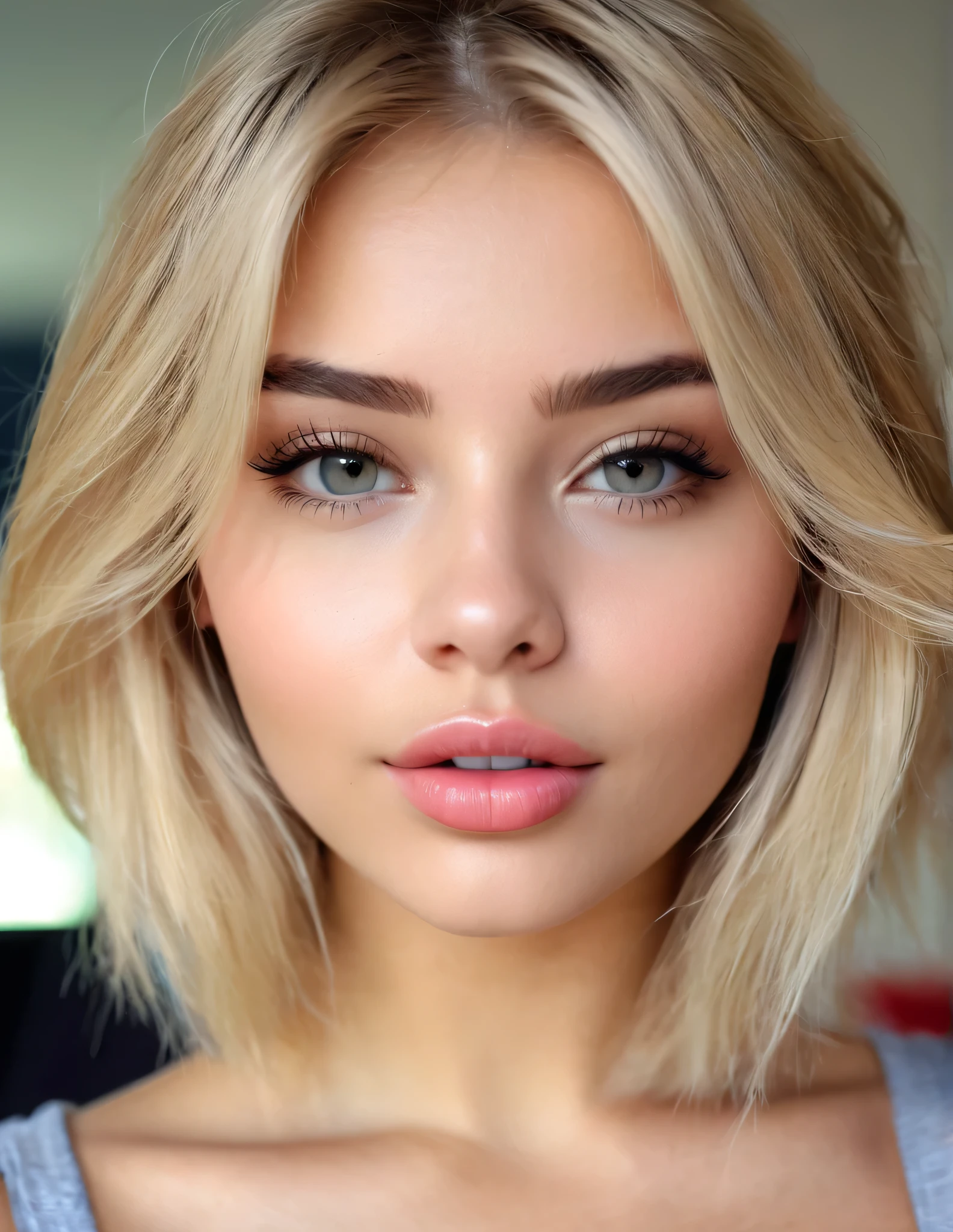 beautiful 20 year old girl, cute blonde hair, realistic skin texture, UHD digital photo, Beautiful young, perfect body, selfie , he would be , flirty face , frontal photo , portrait photo,big cheekbones , defined chin , big lips, sexy eyebrows , flirtatious look,