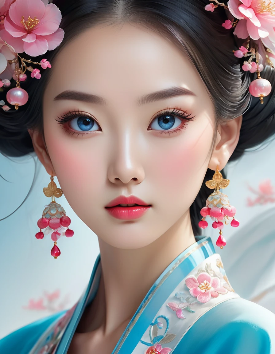 Flying veil covers face of beautiful Chinese woman, pearl earrings, long eyelashes and pink lips, Close do rosto, clean face, round portruding chin, blue colored eyes, blue hanbok with embroidery, White background.
graphic illustration, 3D rendering, Bright colors and fine details, as illustration poster, in 2D game art style, color-corrected, High definition, 32 mil ,private