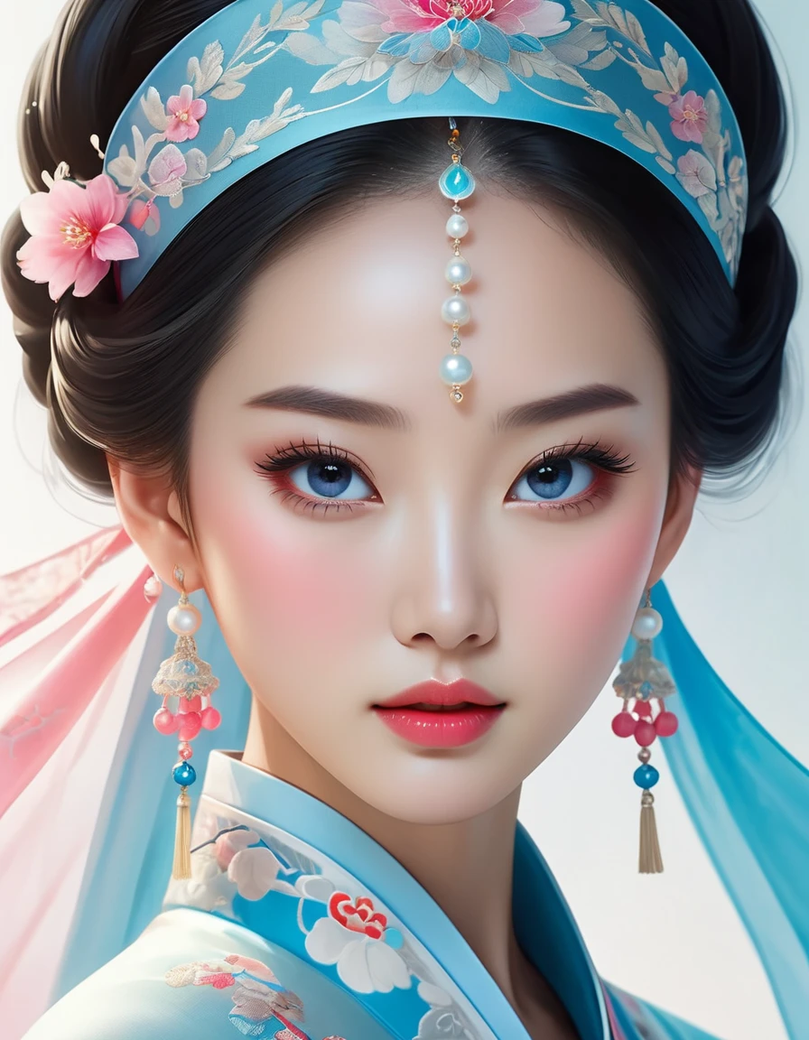 Flying veil covers face of beautiful Chinese woman, pearl earrings, long eyelashes and pink lips, Close do rosto, clean face, round portruding chin, blue colored eyes, blue hanbok with embroidery, White background.
graphic illustration, 3D rendering, Bright colors and fine details, as illustration poster, in 2D game art style, color-corrected, High definition, 32 mil ,private