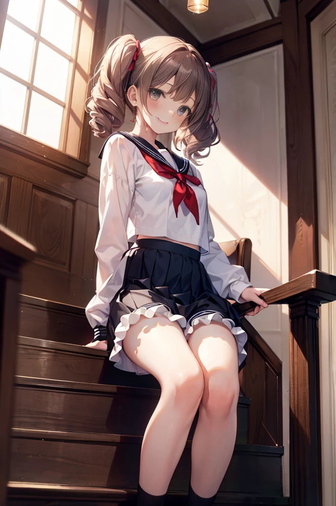 (masterpiece), 4K,woman,Long sleeve sailor suit,Small ,Small Ass,CurTwin Tails,Light bulb lighting,Realistic, skinny, Big smile,Frill Bra,((,Short bloomers under the skirt)),Sitting on the stairs,((Knee-length frill skirt)),Angle from below the knee