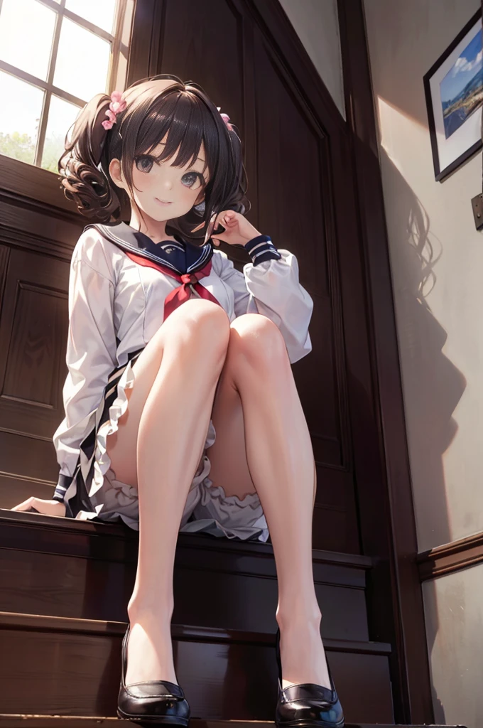 (masterpiece), 4K,woman,Long sleeve sailor suit,Small breasts,Small Ass,Curly Twin Tails,Light bulb lighting,Realistic, skinny, Big smile,Frill Bra,((,Short bloomers under the skirt)),Sitting on the stairs,((Knee-length frill skirt)),Angle from below the knee