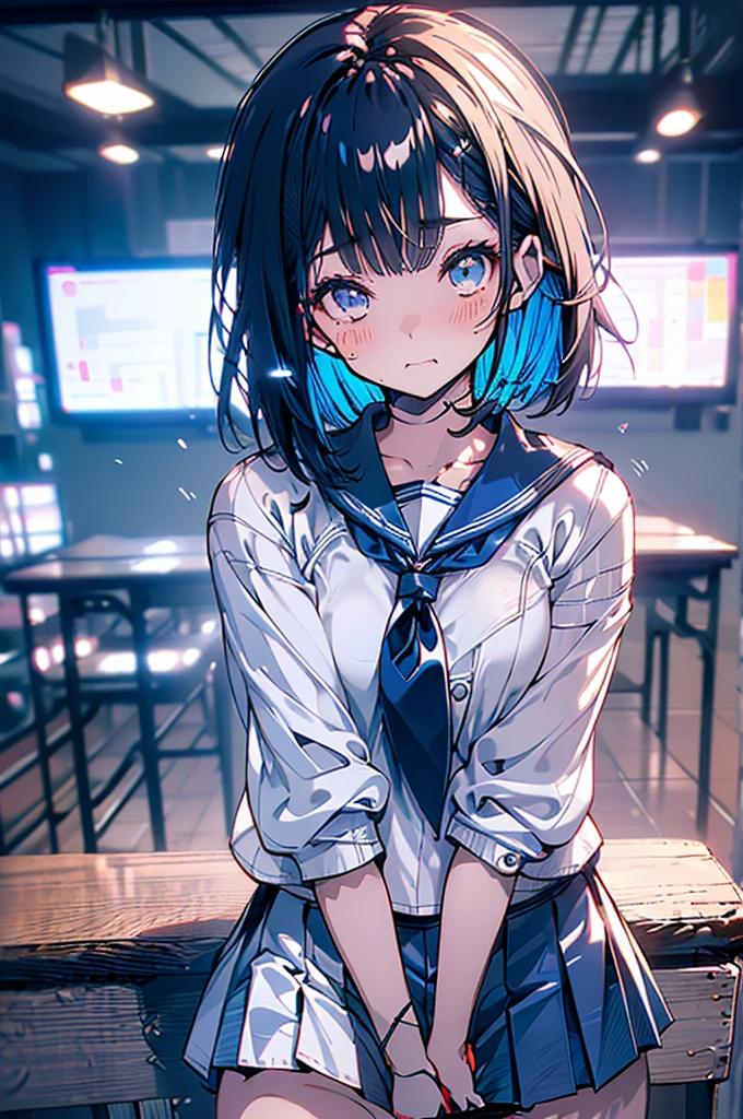 独奏、Mature adult woman、(Sailor suit summer uniform、Short-sleeved white shirt, dark blue pleated skirt, dark blue、Dark blue micro mini skirt dark blue、、Navy Blue Ribbon)、(Big Breasts、slim、Slimming、Muscular、Beautiful Abs、Bare thighs)、(Pure white panties、BREAK Panty Drop、Stand with your legs spread wide、Pussy、Pussyライン)、Dark Eyes、(Grown-up、I opened my mouth slightly、Sexy look、Blushing)、(Black Hair、Medium Bob)、high school、classroom、