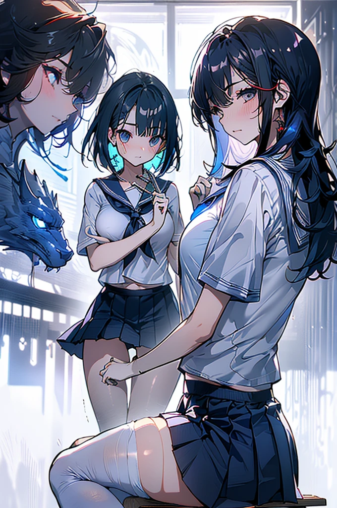 独奏、Mature adult woman、(Sailor suit summer uniform、Short-sleeved white shirt, dark blue pleated skirt, dark blue、Dark blue micro mini skirt dark blue、、Navy Blue Ribbon)、(Big Breasts、slim、Slimming、Muscular、Beautiful Abs、Bare thighs)、(Pure white panties、BREAK Panty Drop、Stand with your legs spread wide、Pussy、Pussyライン)、Dark Eyes、(Grown-up、I opened my mouth slightly、Sexy look、Blushing)、(Black Hair、Medium Bob)、high school、classroom、