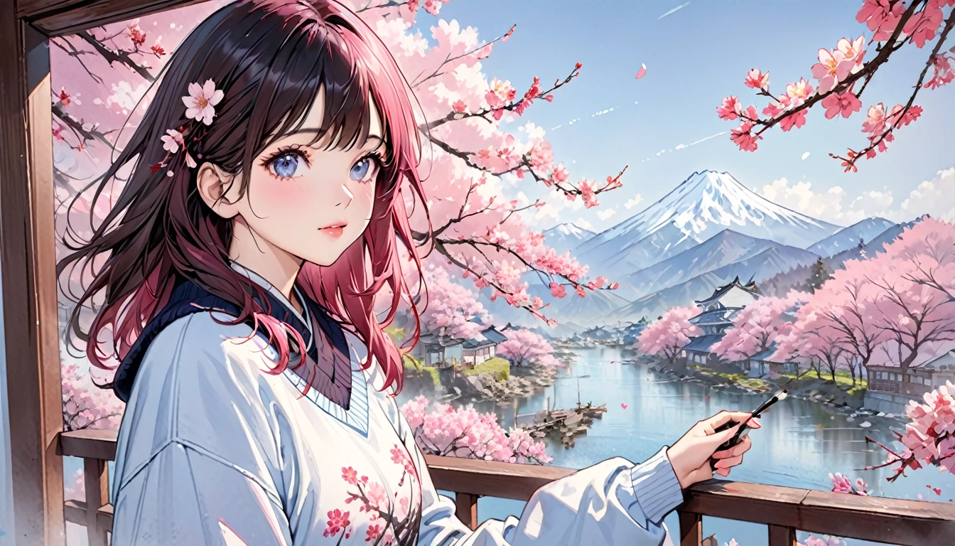 illustrator, anime , realistic ,sketch , 1 girl, sweater,order, pink and blue sky background, hair,Textured Trim, (masterpiece,highest quality) Good luck,Half of the screen is cherry blossoms,deep pink cherry blossoms,ink painting,Background center