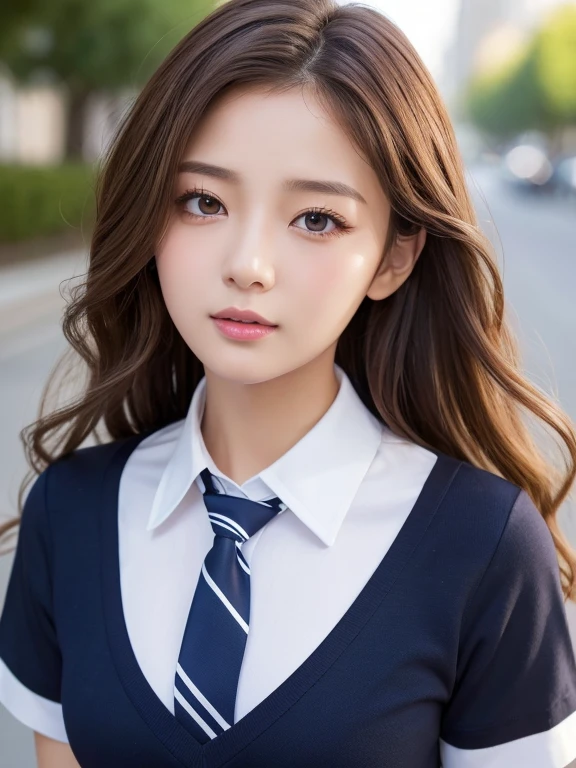 (Tabletop:1.4, Photorealistic:1.4, 8k), Highest quality, masterpiece, Ultra-high resolution, Perfect dynamic composition, Big Face、Round face、((Light brown hair, Long Hair, Curly Hair))、Highly detailed skin and facial textures:1.3, Limb details, 1 girl, Cute sexy 22 year old woman, (Sunburn:1.0), ((Totally captivates you:0.9)), ((school uniform, White collar short sleeve shirt, Striped tie)),Mid-chest, (Distant eyes, Beautiful Eyes, Brown eyes、Beautiful erotic eyes:0.85), Sexy Face:0.4, (Mouth closed、Small Mouth、Thick lips、A taste of beautiful eroticism:0.85), ((Too cute beauty:0.9))、Gal Makeup、((Extreme close up))