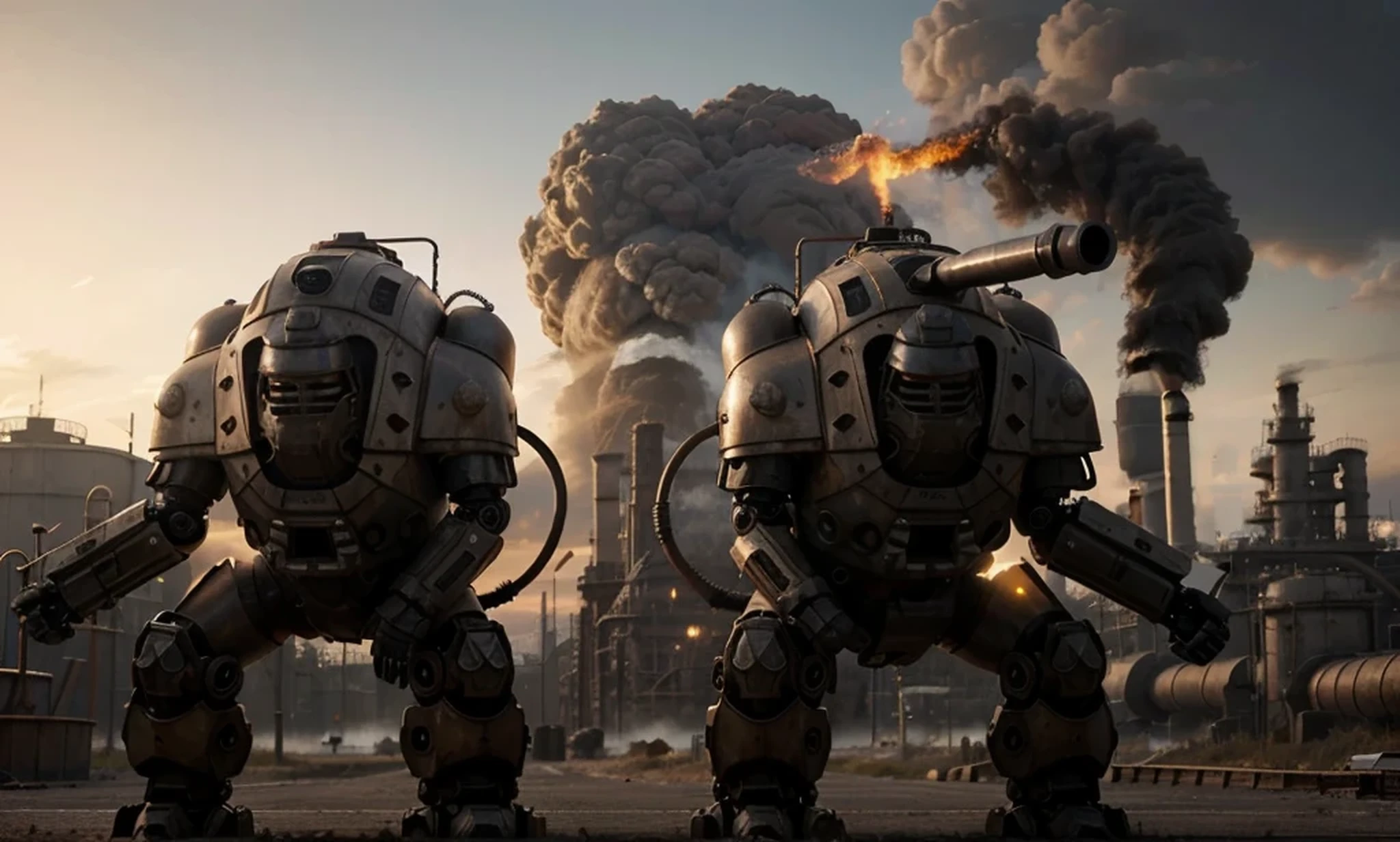 inheadless Soviet dieselpunk style heavy armored robot, Matte reddish brown metallic armor, with a bit of rust, pipes and cables, has metal tanks on his back, rubber tubes, He carries sprayers in his hands, they are outside a burning chemical refinery, human corpses, red sky, epic, ultrarealistic, 4k, Ultra detailed image, realistic, Highly detailed, perfect composition, splendid, Intricately detailed, Incredibly detailed, 8 k artistic photography, hyper detailed