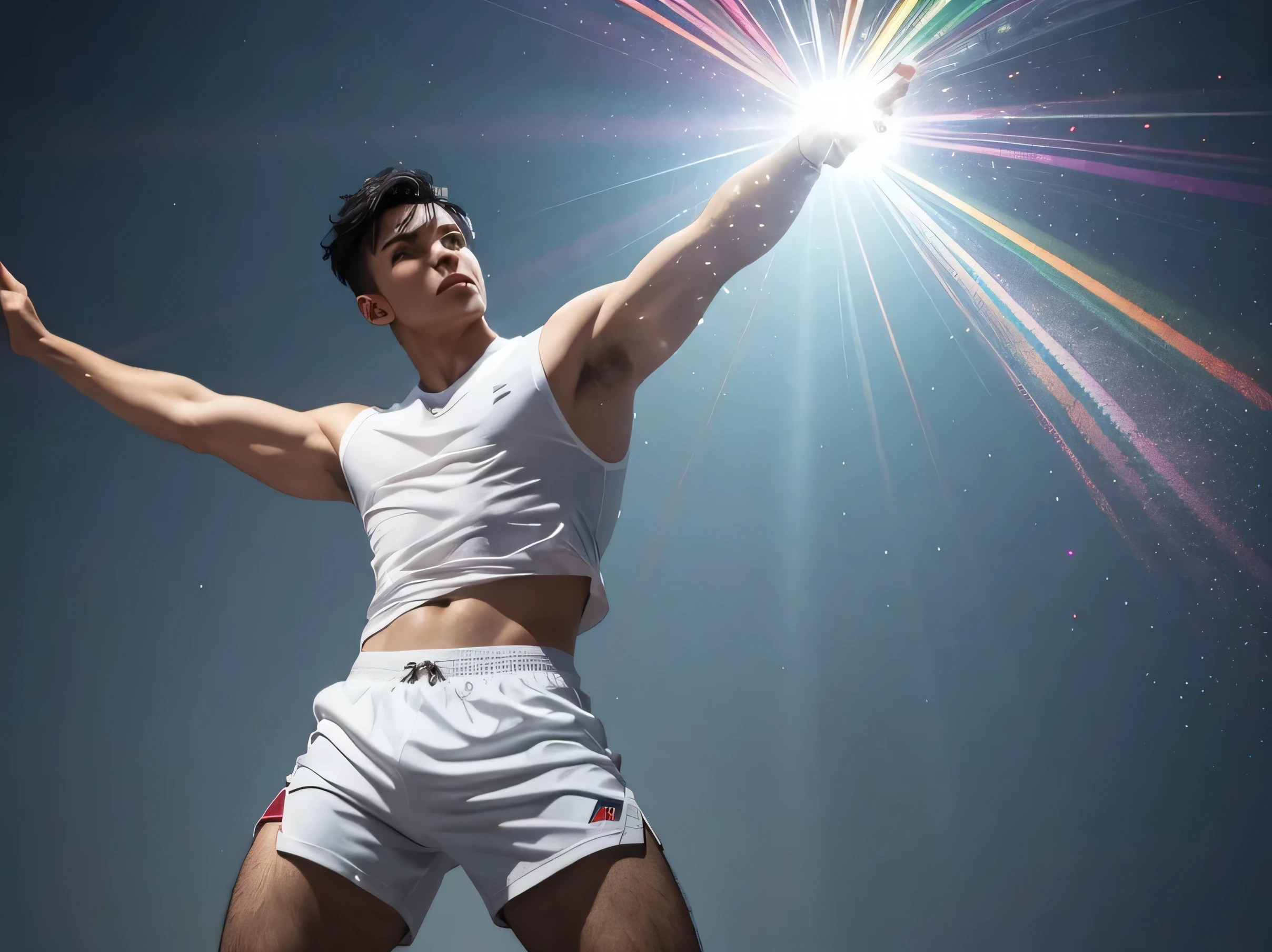 full body of a man from the front, sturdy in white underwear, sweaty skin, Short black hair, short white t-shirt, white sneakers with white socks, glam makeup, tuquoise background and multicolored light from below, bright glitter in the air and wind.