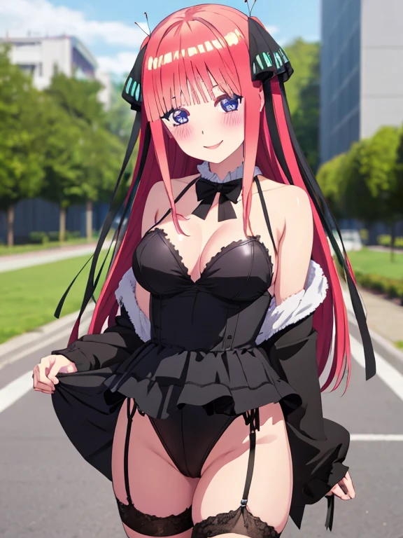 best quality, insanely detailed, nino nakano, breasts, blush, outdoor background, bare-shoulder, looking at viewer, garter strap, a black ribbon, stockings, highleg leotard, pussy, smile