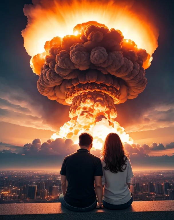 (men and women are sitting, Hold hands and watch the explosion..)、Rear view of a sitting man and woman、in front of a Behind the Nuclear Explosion, looks at the Behind the Nuclear Explosion, Watch the big explosion, Behind the Nuclear Explosion background, Background explosion, (Background explosion), Behind the Nuclear Explosions paint sky, Behind the Nuclear Explosion, Apocalyptic 8k yen, Apocalyptic 8k, ( Apocalyptic ) 8k yen, Big explosions everywhere、The end of the world、Cinema Lighting, Atmospheric perspective, Wide angle, Shorthand, Hmph, Tabletop, Attention to detail, High resolution、Explosion quite far away、Composition seen from a distance、Negative Space、Chi、building