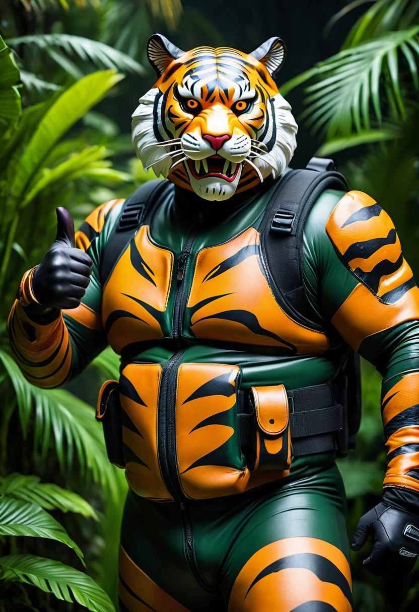 (a dark-skinned fat old man in a bulky camouflage zipper diver suit), wearing a realistic roaring (tiger mask), thumbs up, carrying a gun holster, muscular physique, imposing stature, Basuki Abdullah style, sumatraism, action, (a character portrait), heroic, fierce, snarling, vibrant colors, deep shadows, intense lighting, dramatic atmosphere, jungle background with verdant greenery, visual depth, lucid detail, ultra-detailed, ultra-realistic, professional, best quality.