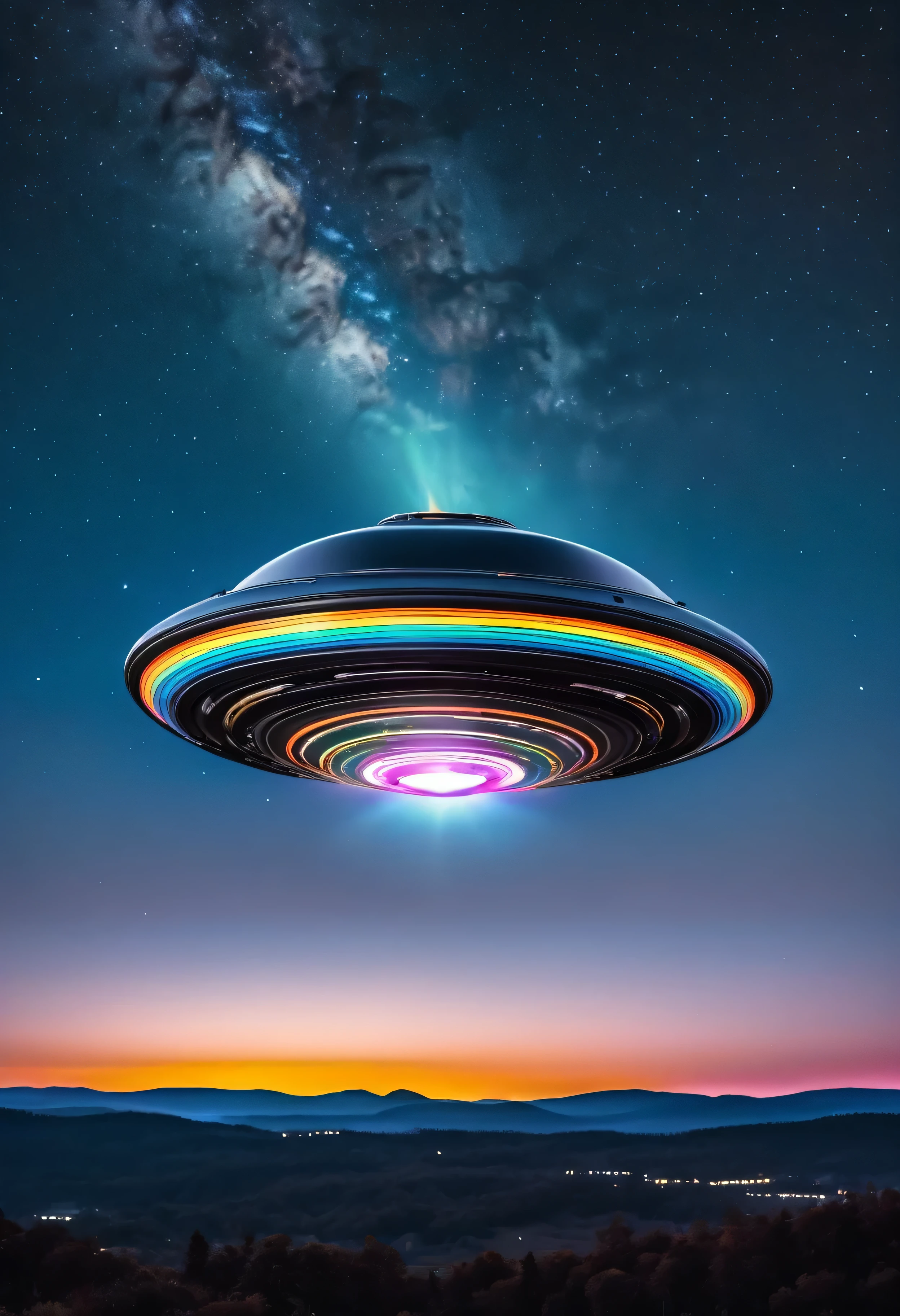 irridescent silver ufo with grooves like a vinyl record, flying in the night sky, a multicolor label in the center