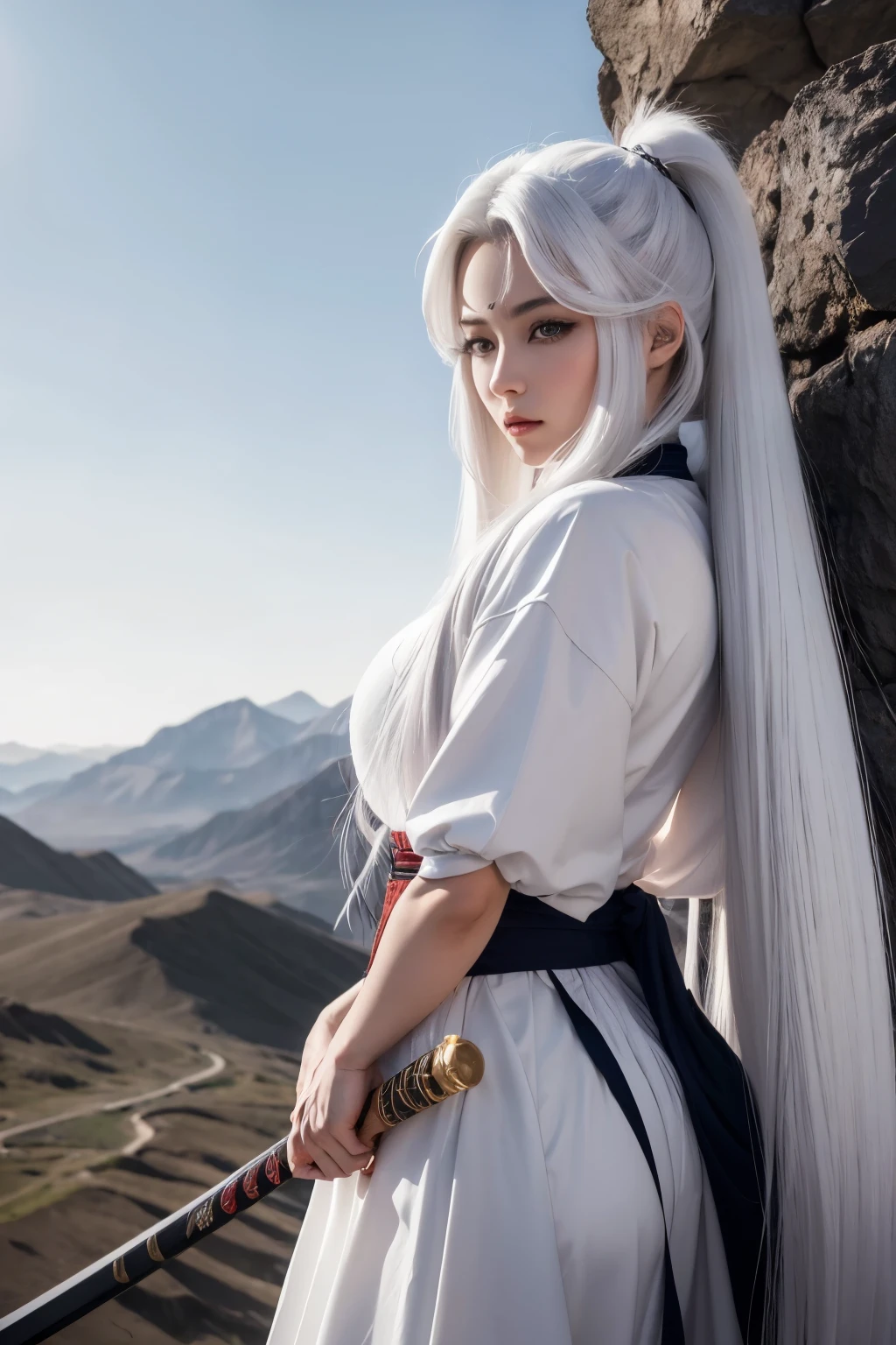 ((best qualityer)), ((paisaje)), (detailded), sesshomaru woman, long white hair, wolves eyes, using a katana,