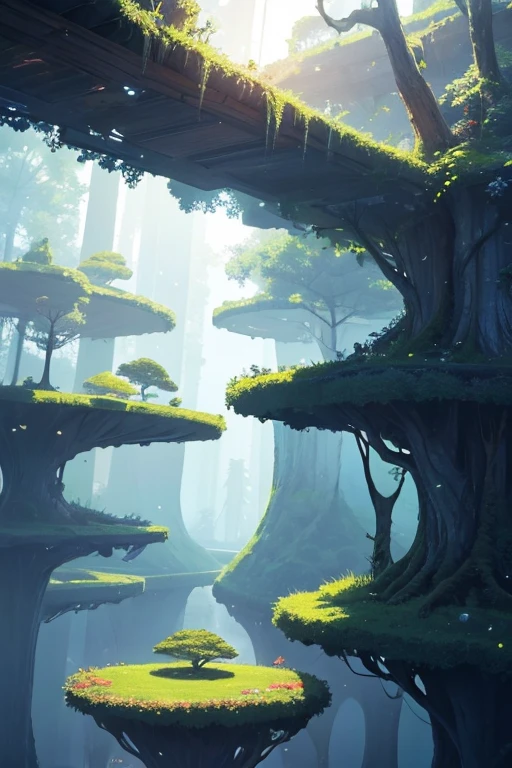 A beautiful forest with floating islands.