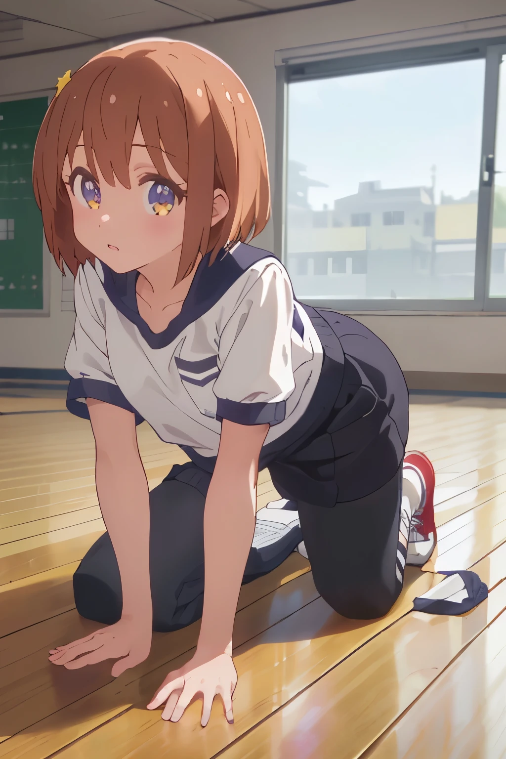 masterpiece, highest quality, short_hair, small_chest,(((black buruma, School, gym shirt, white t-shirt, Gym suit, Photo of girl in wooden floor School gym room))),Bloomers are bikini type ,crawl on all fours,crawl,looking at the viewer 