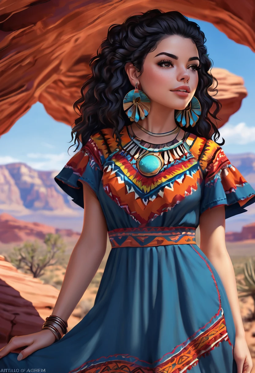 Beautiful boho women stunning merge of Masiela Lusha with colorful southwestern style dress. colorful southwestern earing and. jewelry dark-black colored hair that is coarse, wiry, and tightly curled. It often has a rough texture, feels stiff to the touch, and may be prone to frizz and tangling. The curls can be densely packed. The Official Art – An Award-Winning Digital Masterpiece In 4K Ultra HD, Extreme Detail And Intricate Realism. symmetrical face. This Concept Art Brought To Life By The Hands Of Artists Like Wlop & Artgerm In A Stunning 2D Vector Illustration. large, perky, full, vuluptious, symmetrical and spherical breasts. Background is a beautiful panoramic vista of a red rock canyon.
