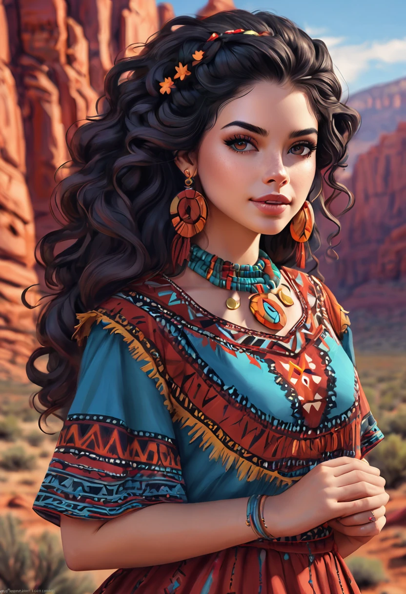 Beautiful boho women stunning merge of Masiela Lusha with colorful southwestern style dress. colorful southwestern earing and. jewelry dark-black colored hair that is coarse, wiry, and tightly curled. It often has a rough texture, feels stiff to the touch, and may be prone to frizz and tangling. The curls can be densely packed. The Official Art – An Award-Winning Digital Masterpiece In 4K Ultra HD, Extreme Detail And Intricate Realism. symmetrical face. This Concept Art Brought To Life By The Hands Of Artists Like Wlop & Artgerm In A Stunning 2D Vector Illustration. large, perky, full, vuluptious, symmetrical and spherical breasts. Background is a beautiful panoramic vista of a red rock canyon.
