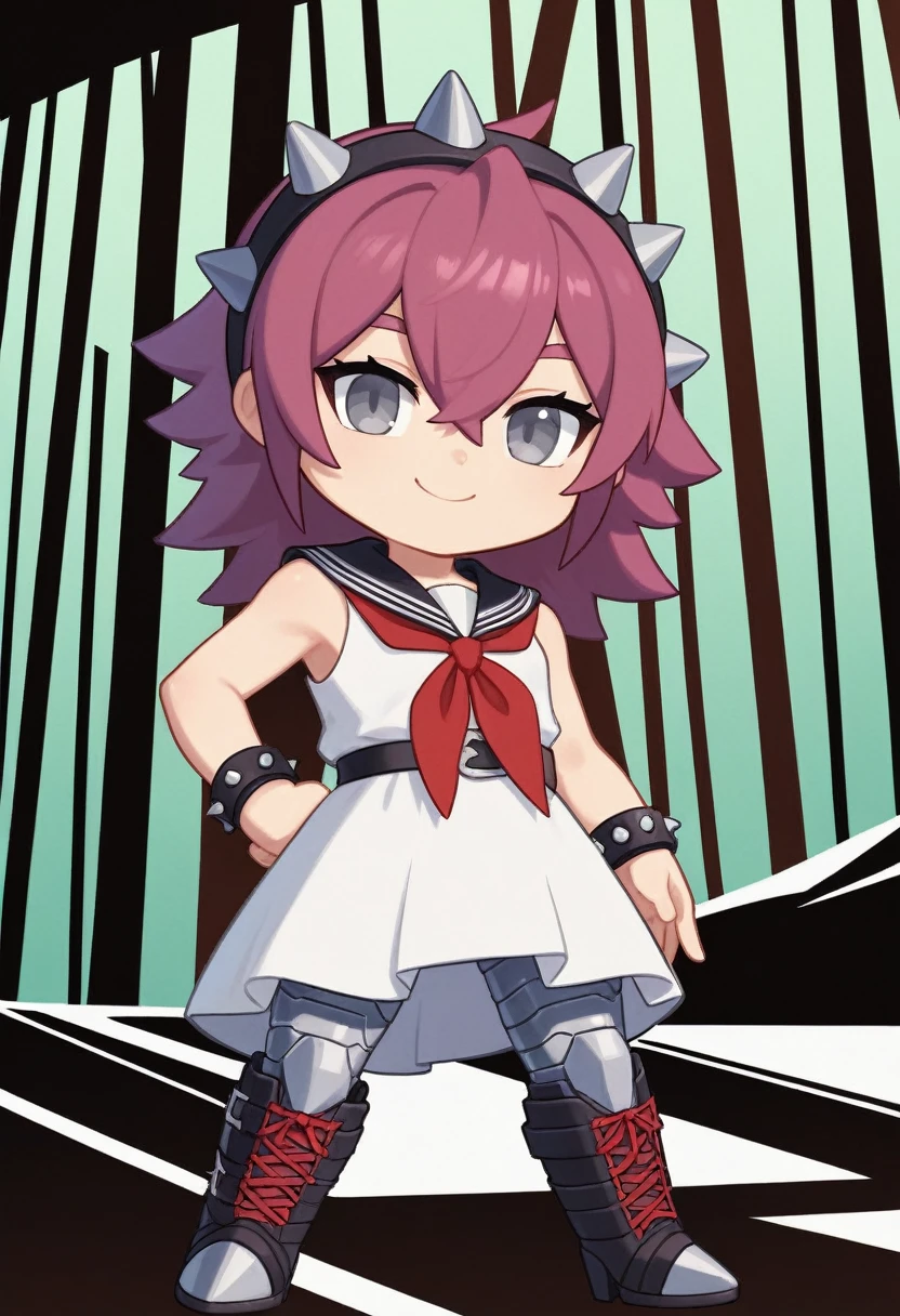 score_9, score_8_up, source_anime, masterpiece, best quality, absurdres, BREAK 1girl, chibi, metallic skin, long spiked metallic hair, grey eyes, hand on hip, forest, BREAK white dress, boots, wristband, red neckerchief, smile