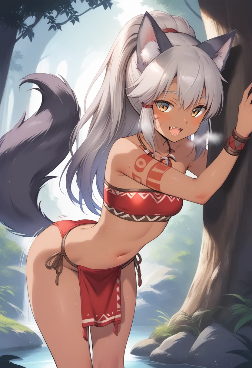 White Wolf Girl, albino, Goddess of the Forest, Anthropomorphic female wolf, There is a wolf's tail, furry wolf, Wolf Features, Long messy hair and long bangs, Beautiful cute face, A cautious expression on his face, caution, distrust, Facing the camera, cos: covered with wolf hair, Skin color: white, sweaty body, mud on tel, Body glare, Scarred body, tanned body, ((pretty eyes)), red-eyes, ((Perfect Sexy Figure)), Ideal body shapes, big thighs, ((Subtle and beautiful)), ((The clothes of the savage loincloth are torn and dirty)), Sexually seductive position, Full-length, background: wild jungle desert island sunset, Depth of field, ((ultra quality)), ((tmasterpiece)), clear image, crisp details, Realistic, Professional Photo Session, Clear Focus, the anime, Colorfully drawn, NSFW