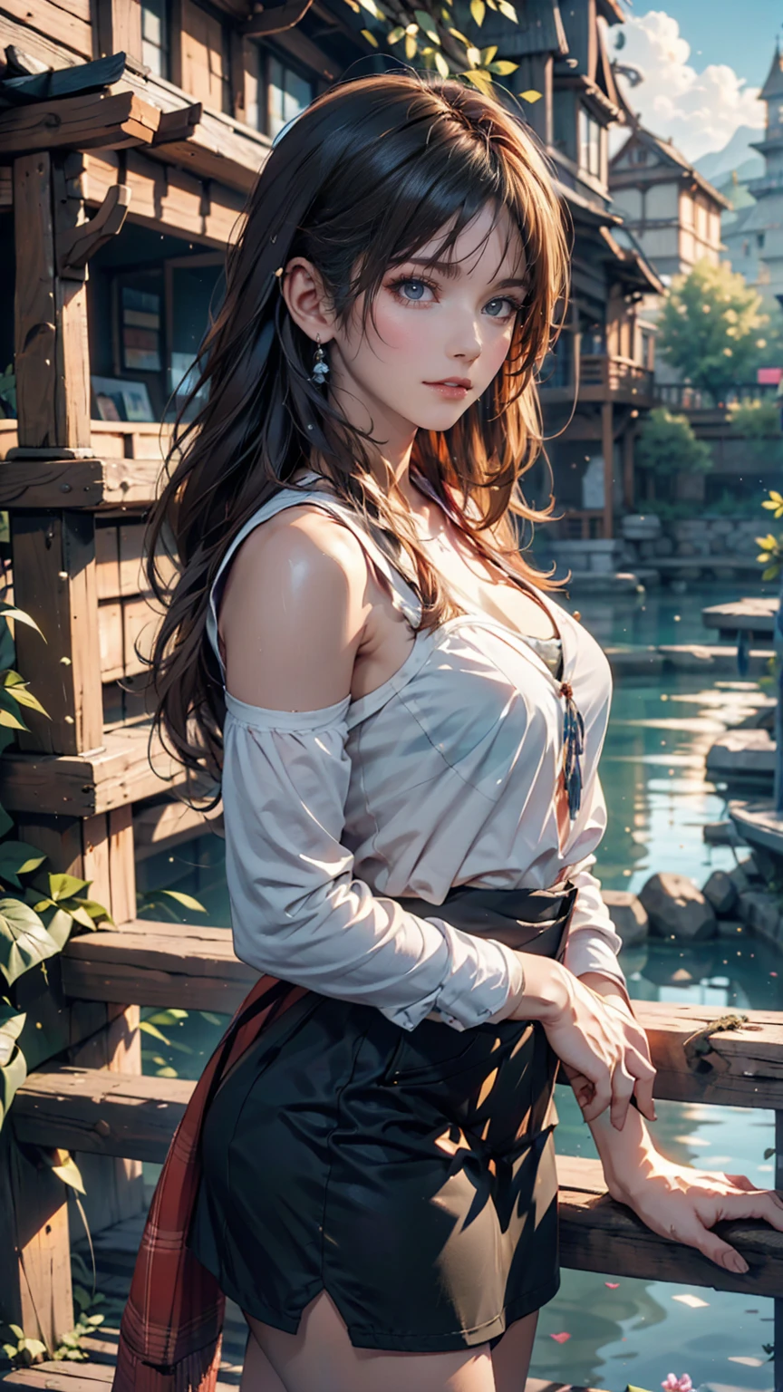 24-year-old female、Semi-long hair、black eye、Off-the-shoulder top with lace embellishment、Skinny jeans、barefoot、Japan、Shiga Prefecture、Omihachiman、water moat、Ishigaki、Waterway、Clear Stream、Summer blue sky、cumulonimbus、Sit down and put your feet in the water