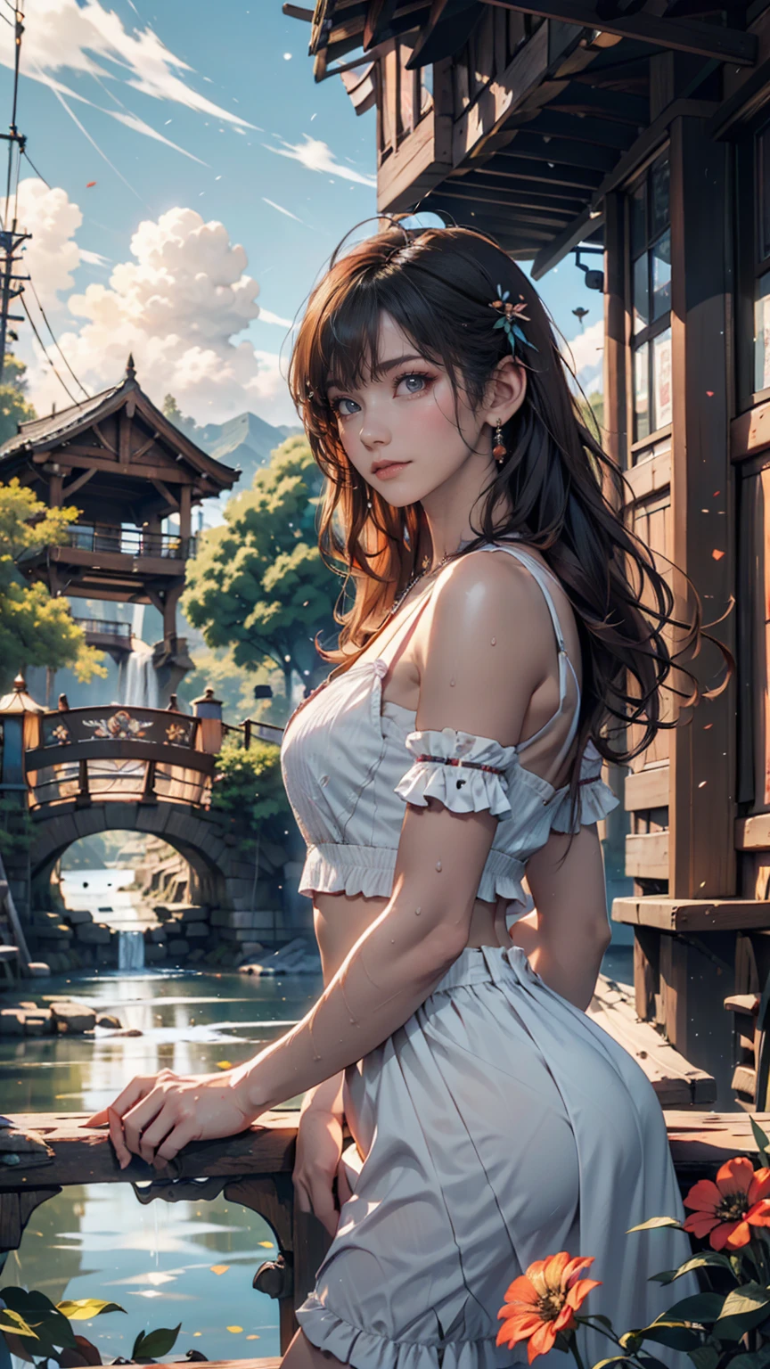 (Bird's eye view of the city),Garden-like city below,(Countless crowds:1.3),The high-rises of the future crisscross the sea,(Beautiful girl standing on a waterfall:1.5),Bare shoulders, fcollarbone, Pleated skirt, bottomless, g-string,, Pink hair, Long hair, head phone, Female solo, Cat ears, grab chest, Medium breasts, gargantilha, boots, pink thighhighs, Bokeh, Uncensored, cover, head out of frame, Pink theme, petals,(((Masterpiece))),(((Best quality))),((Ultra-detailed))((Extremely detailed CG)),((16k wallpaper))((An extremely delicate and beautiful)),{Photorealistic},Full body, Detailed light,full bloom,,,A masterpiece from the Canon EOS R6 shooting,((杰作)) ,cinematiclight,Unreal Engine 5,the creamy smooth skin