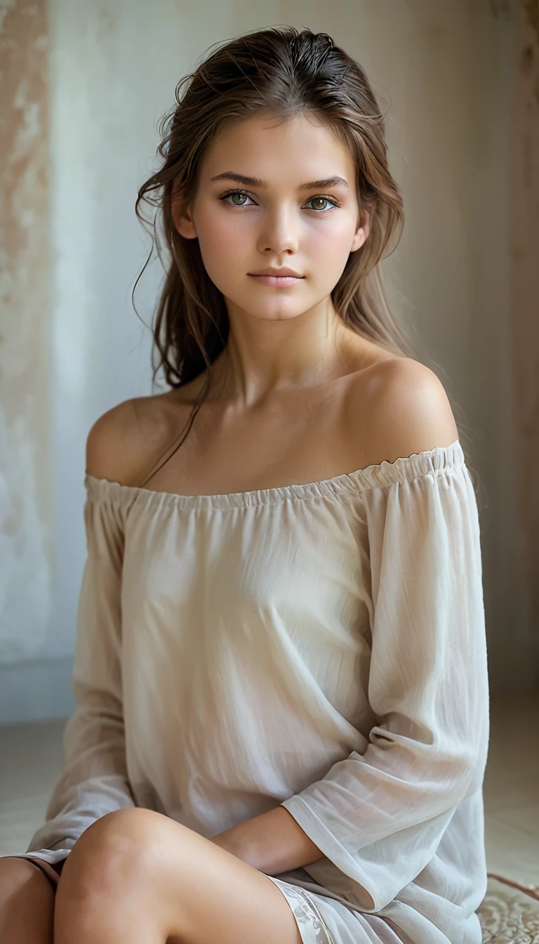 Full figure. In a softly lit room, a young woman with long, flowing brown hair sits gracefully, her serene gaze fixed on the camera. Her flawless skin glows with a natural radiance, complemented by a gentle blush on her cheeks. She wears a white, off-shoulder top that accentuates her delicate collarbones and adds an elegant touch to her casual yet stylish outfit. The soft focus in the background highlights her tranquil and composed demeanor, creating a peaceful and inviting atmosphere. Her eyes, large and expressive, convey a sense of warmth and sincerity, drawing the viewer into the photograph. full figure, full figure, bare feet
