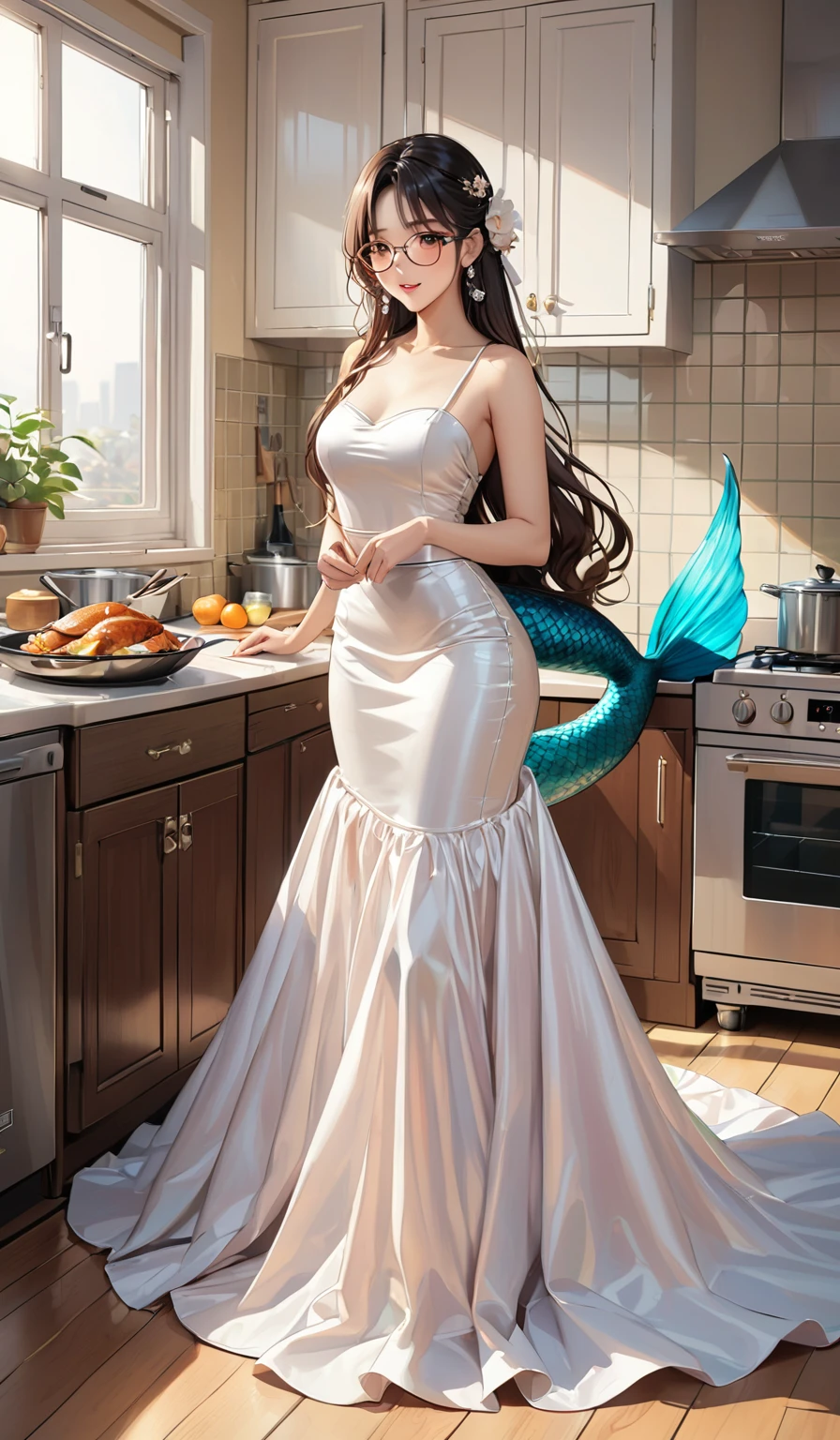 (masterpiece,highest quality,超A high resolution),japanaese girl with long hair (((Very beautiful 35 year old girl))), pretty woman, a woman in the mermaid long train skirt,the skirt is very long, full body, wear glasses,long satin, flowy dramatic long skirt,body height 165, random pose,wear apron, in kitchen,coocking, wear high heels,  masterpice  (Shiny long train dress mermaid-style long skirt )