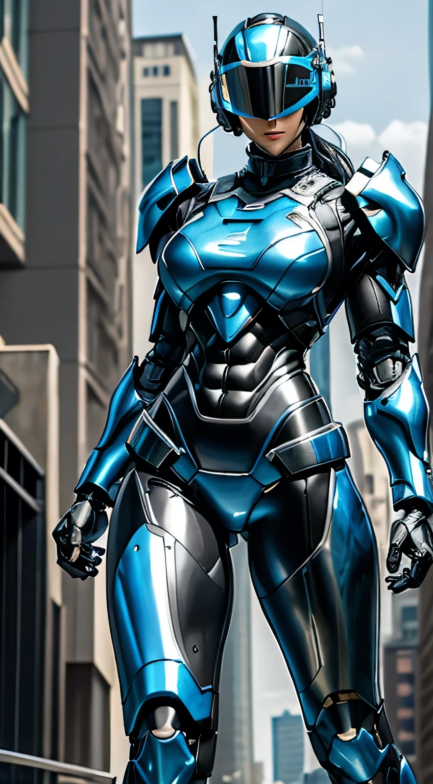 Female Robocop Solo、Bright outdoors、strong light source、8k, high quality, masterpiece, 最high quality, Crisp contrast、Very detailed、Full body armor、Very large armor、Helmet covering the head、Clear photos、The eyes are hidden by thin, translucent straight goggles.:1.3、The lower half of the face is raw々Shii:1.5、The lower half of the face is exposed、Seductive lips、Light blue and black metallic armor、Black accent color、Armor that completely covers the chest、Long, slender legs、Vibrant Posselo Body View,Big and ample breasts:1.5, (Sports Body:1.5)、Five Fingers、Hold a handgun、In the city