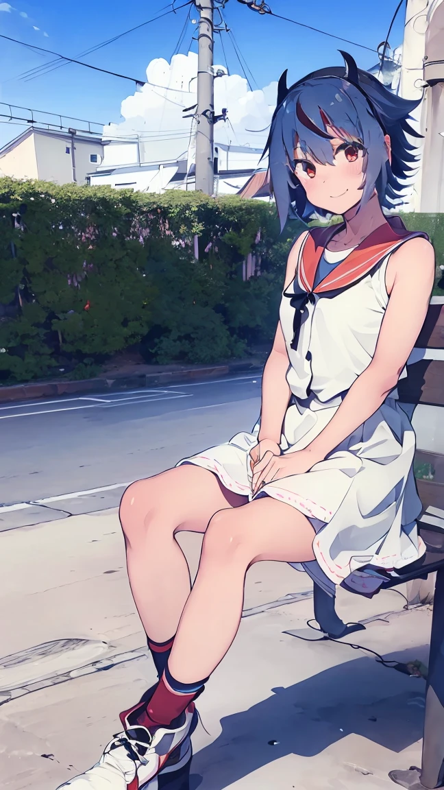 masterpiece, Highest quality, High resolution, Very detailed,(((Mikoto Naruka))), (((white ground)))、(((electric wire)))、(((smile)))、(((Sitting far away))), Wearing a white dress。, Electric pole, blue sky,