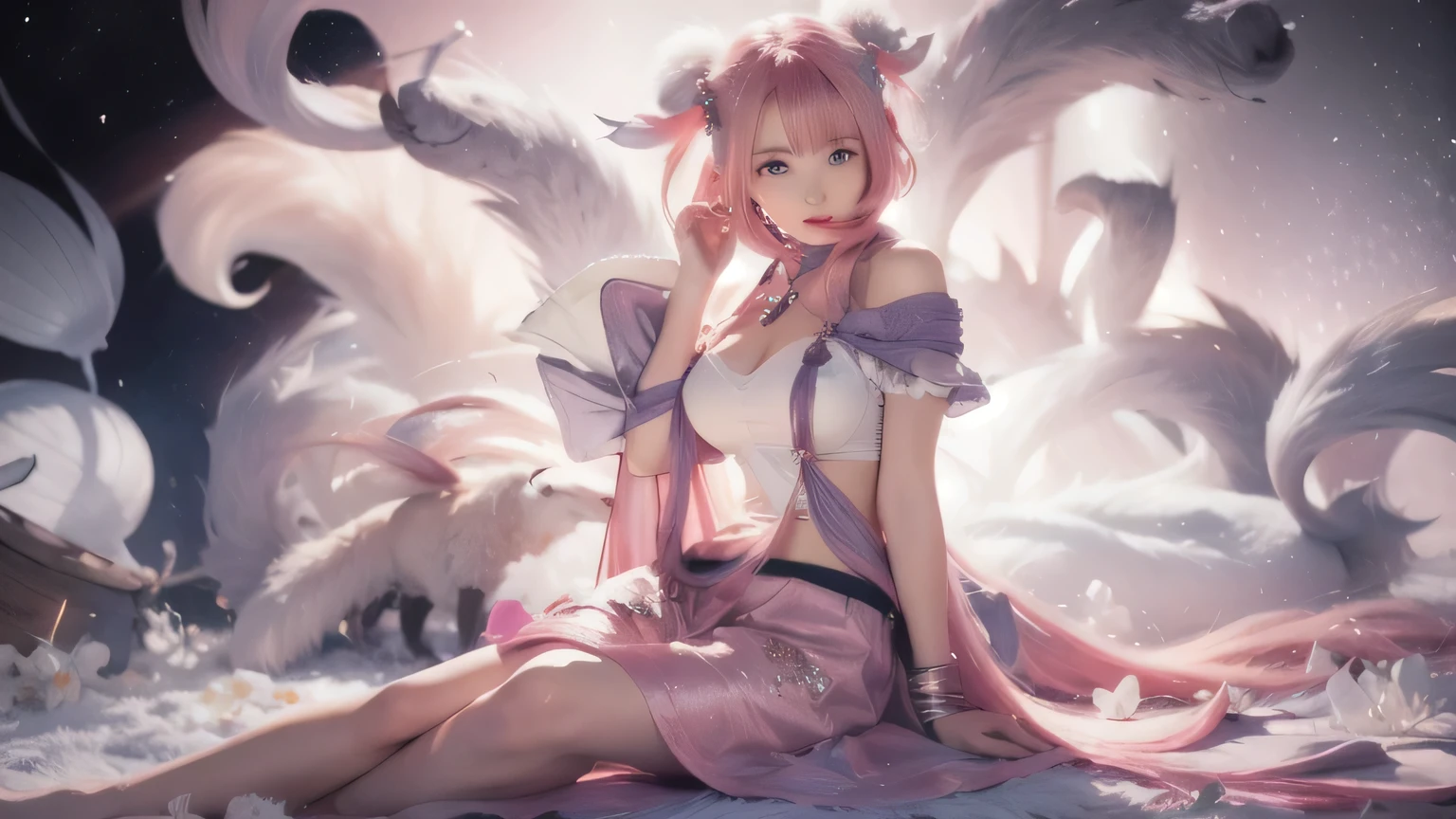  girl, pink hair, beautiful, nine tail, 