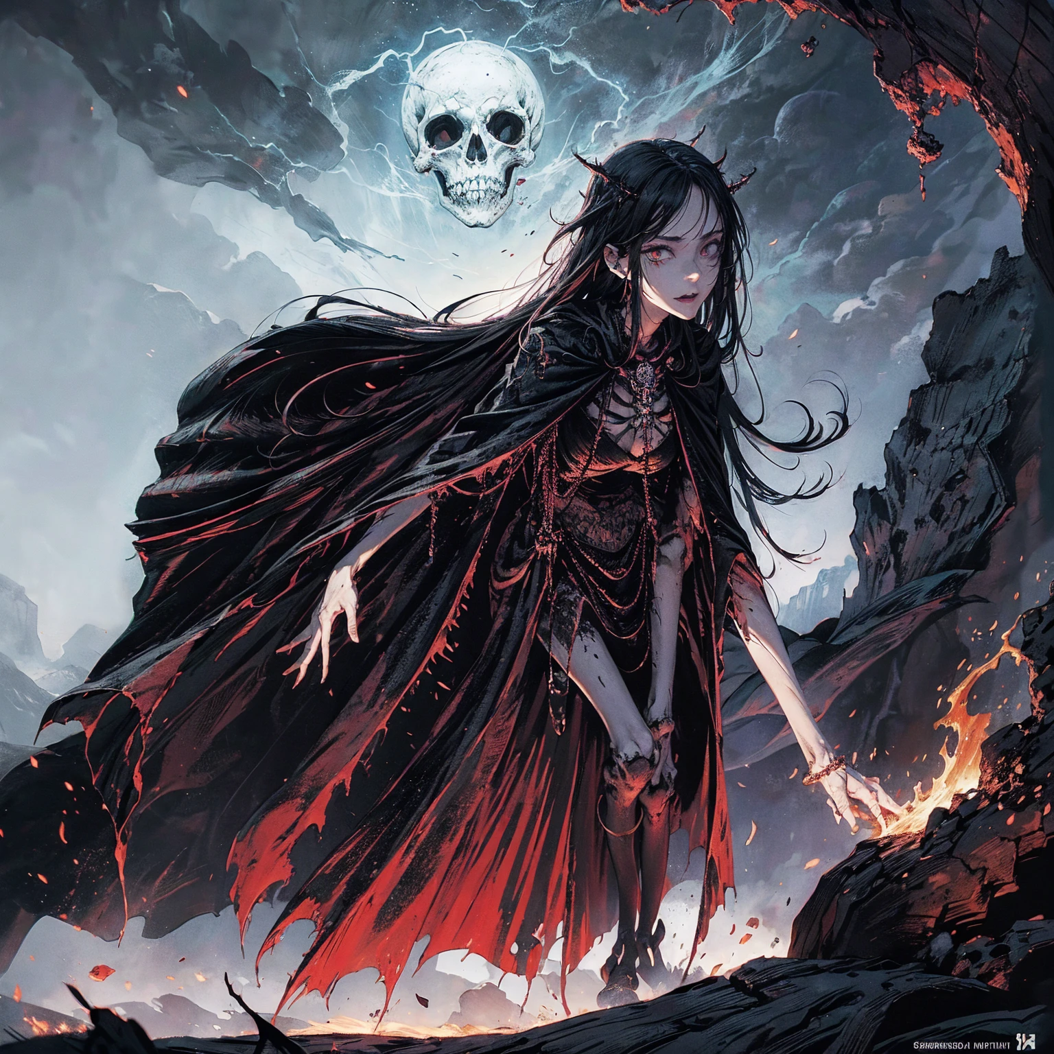 (full body:1.5), (wide shot:1.2), best quality, 4K, high resolution, (masterpiece:1.2), Very detailed, (actual:1.37), (anatomically correct:1.2), Mood lighting, A black hair young undead girl in a long cape, Whole body including hands & arms & legs & feet are all skeleton bones but except the head is still beautiful human face, Wearing a ragged gothic skirt, Shaded expression, Aloofness emotion, Dangerous sneer, beautiful but cruel smile, Black tears of blood flowed from eyes, lean on one side floating above ground, half kneeling on the ground weeping, touching the skull head of a corpse, Crucified, Pitch black sky, Blood-red moon, strange atmosphere, Gothic style, Unforgettable beauty, Dramatic shadows, Ethereal Light, Mysterious atmosphere,
