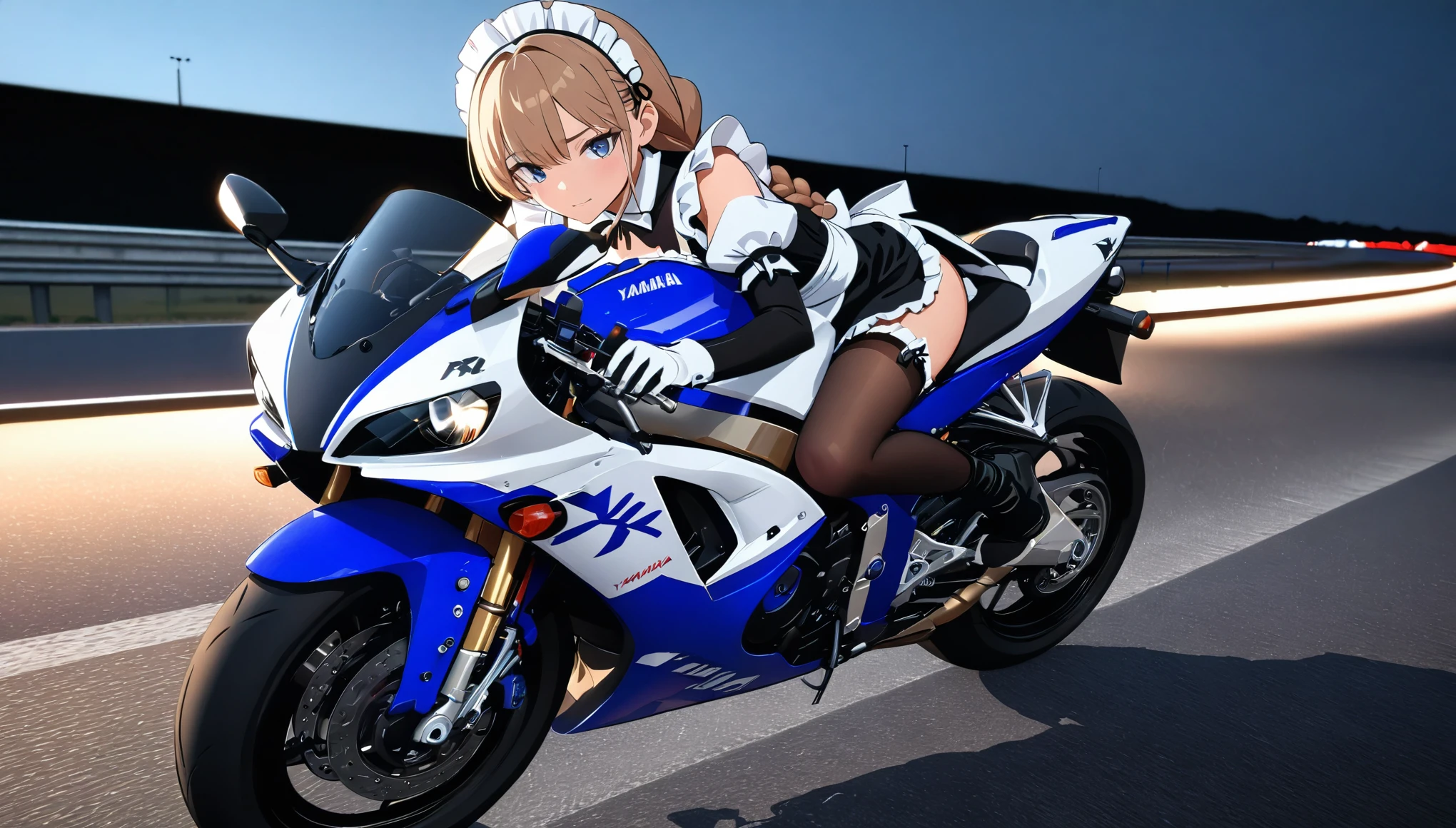 (((Best quality, 8k, Masterpiece: 1.3)), ((best quality)), ((masterpiece)), (detailed), perfect face, A maid girl, light brown hair, twin braids, ray tracing, sparkle, A maid costume with frills, high resolution, Textured skin, anime style, A maid riding a motorcycle, a maid driving a motorcycle, A motorcycle racer leaning her body to take a corner, Knee-high stockings, YAMAHA R1, (midnight highway), moonlight
