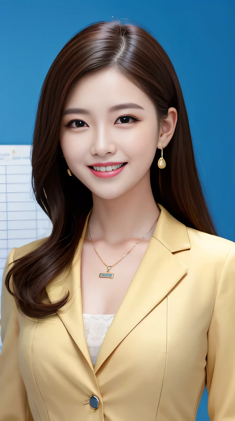 High resolution, Very detailed, Intricate details, 、ear piercing、smile、Beautiful teeth alignment、Black Hair、Clear beauty,Office Lady Suits 、Necklace around the neck、, The background is the office