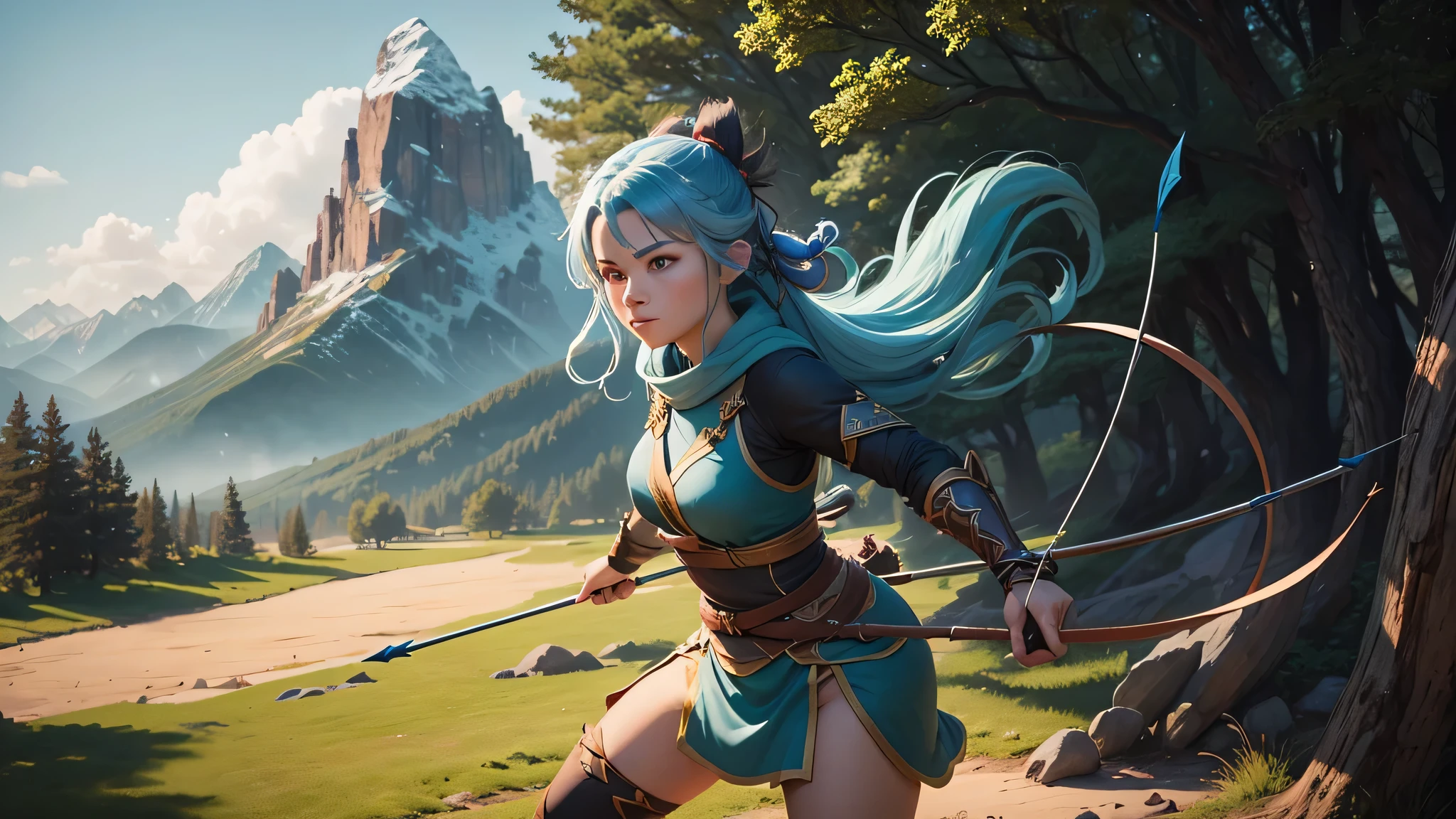"Create an image of Lyra, the skilled archer of the Dragon Clan. She should be depicted in dragon-themed attire, drawing a bow with intense focus. Her background should include a training field with mountains and trees, showcasing her agility and precision."