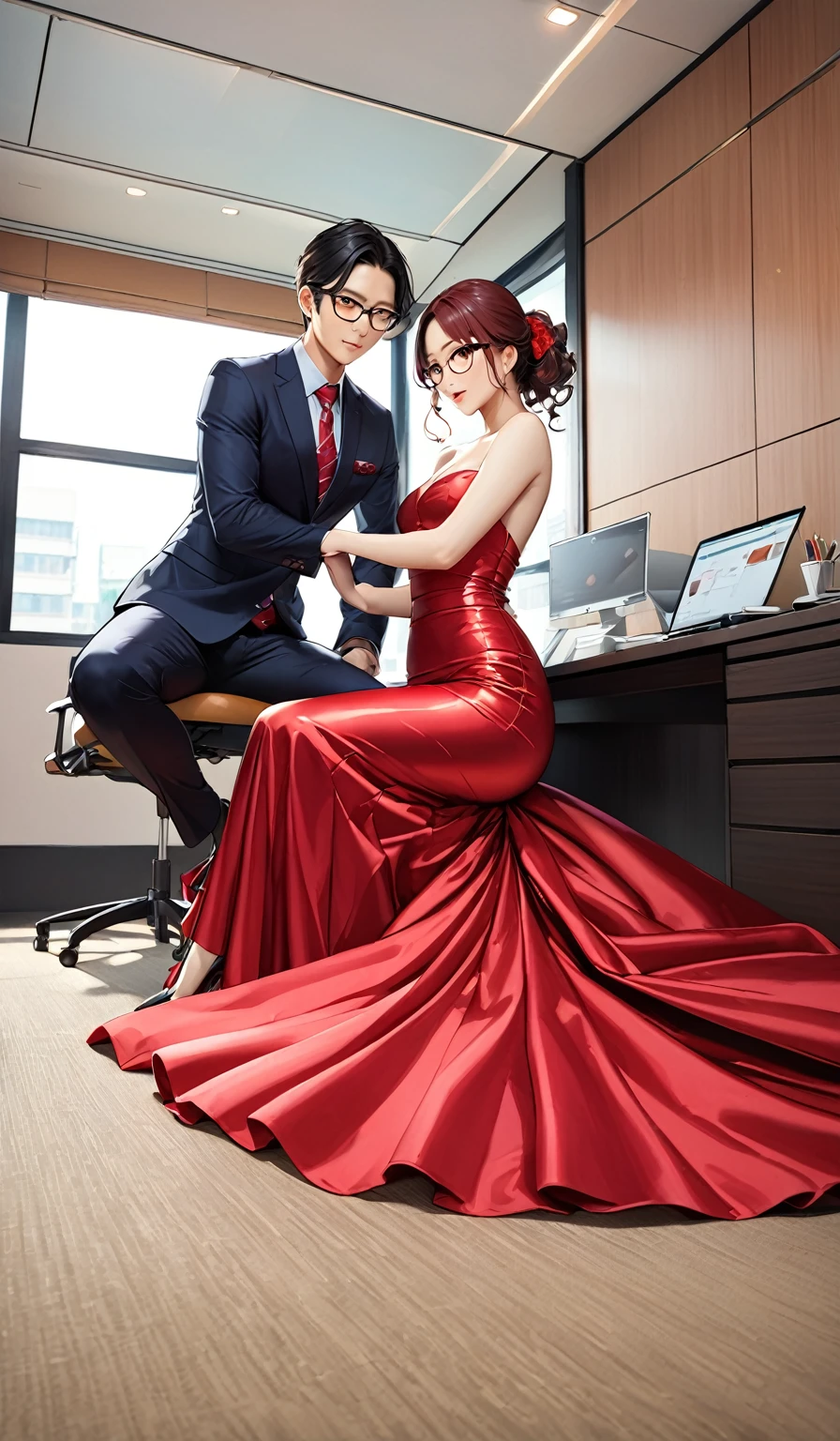 (masterpiece,highest quality,超A high resolution),2 japanaese girl with pony tail hair (((Very beautiful 35 year old girl))), pretty woman, a woman in the mermaid long train silk red skirt,the skirt is very long, full body, wear blazer, wear sexy blouse, wear glasses,long satin, flowy dramatic long skirt, talwomen, make coversasion each other, work in office, wear high heels,  masterpice  (Shiny red long train dress mermaid-style long skirt 