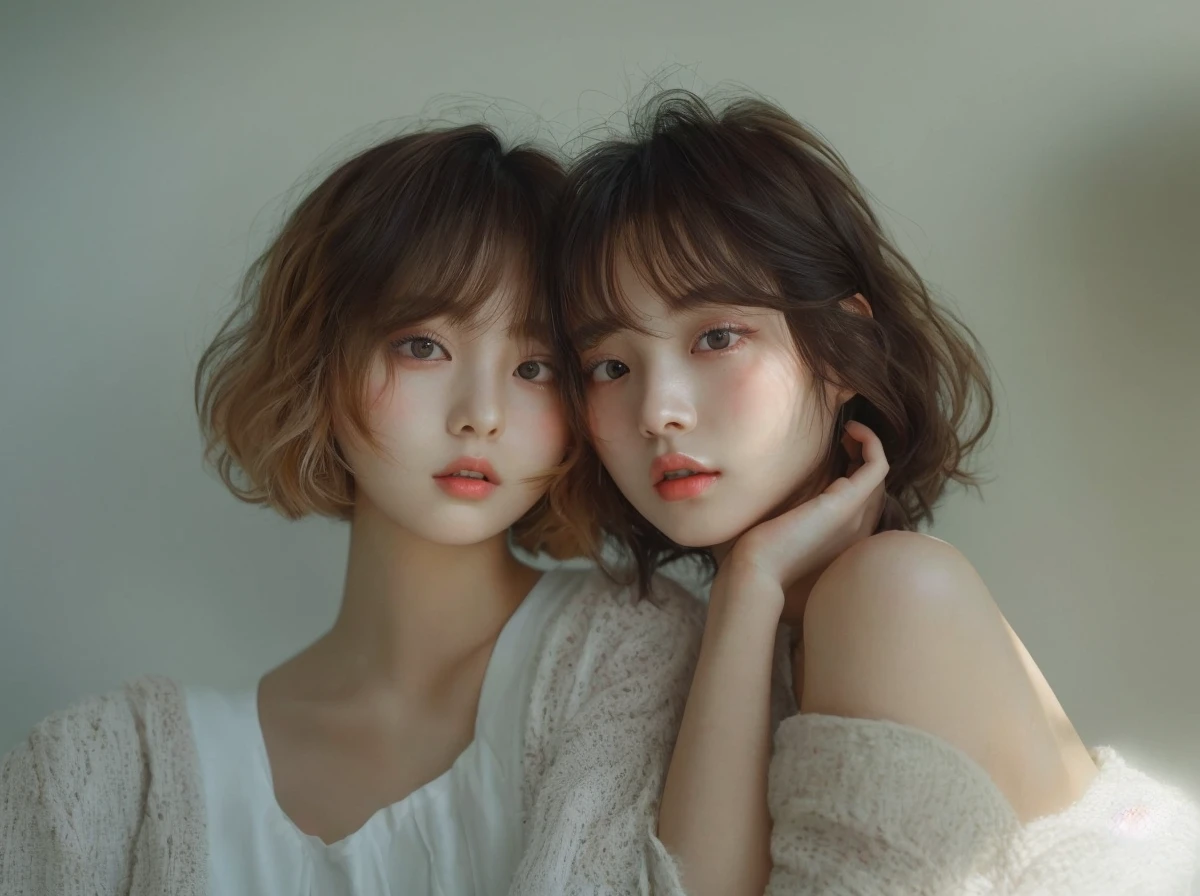 Japanese girl who looks like an 18-year-old Korean idol The background is a white wall illuminated by natural light. The hairstyle is a medium length retro wave style. Hair color: natural brown with highlights