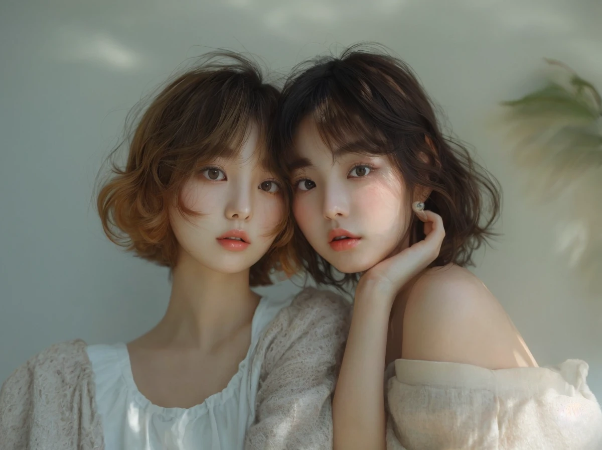 Japanese girl who looks like an 18-year-old Korean idol The background is a white wall illuminated by natural light. The hairstyle is a medium length retro wave style. Hair color: natural brown with highlights