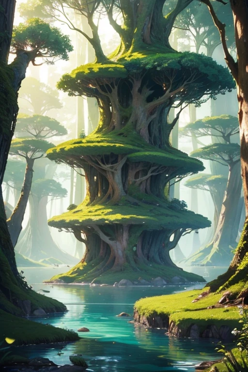 A beautiful forest with floating islands.