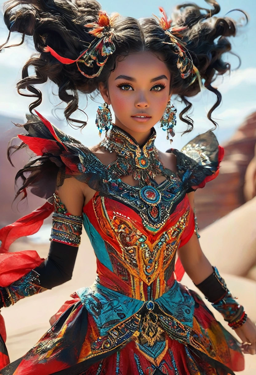 Beautiful boho women stunning merge of Masiela Lusha with colorful southwestern style dress. colorful southwestern earing and. jewelry dark-black colored hair that is coarse, wiry, and tightly curled. It often has a rough texture, feels stiff to the touch, and may be prone to frizz and tangling. The curls can be densely packed. The Official Art – An Award-Winning Digital Masterpiece In 4K Ultra HD, Extreme Detail And Intricate Realism. symmetrical face. This Concept Art Brought To Life By The Hands Of Artists Like Wlop & Artgerm In A Stunning 2D Vector Illustration. large, perky, full, vuluptious, symmetrical and spherical breasts. Background is a beautiful panoramic vista of a red rock canyon.