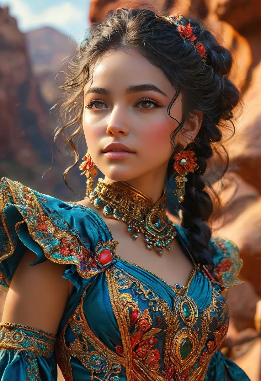 Beautiful boho women stunning merge of Masiela Lusha with colorful southwestern style dress. colorful southwestern earing and. jewelry dark-black colored hair that is coarse, wiry, and tightly curled. It often has a rough texture, feels stiff to the touch, and may be prone to frizz and tangling. The curls can be densely packed. The Official Art – An Award-Winning Digital Masterpiece In 4K Ultra HD, Extreme Detail And Intricate Realism. symmetrical face. This Concept Art Brought To Life By The Hands Of Artists Like Wlop & Artgerm In A Stunning 2D Vector Illustration. large, perky, full, vuluptious, symmetrical and spherical breasts. Background is a beautiful panoramic vista of a red rock canyon.
