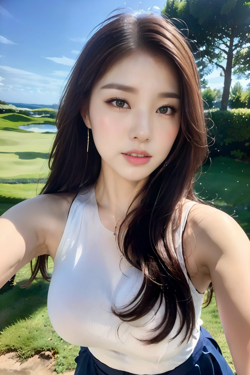 ((Highest quality, 8k, masterpiece :1.3)),((Female professional golfer)),(Asking for a kiss:1.3),Golf course,Blue Golf Wear,Blue Skirt,blue sky,Big Breasts:1.3,Saggy breasts,double eyelid,(masterpiece: 1.3), (Maximum resolution: 1.4), (Ultra-high resolution: 1.2), Cinematic Light, Detailed eyes and skin, 8k resolution, Perfect Style, Beautiful expression,Highly detailed face,Pure white skin:1.4,Glossy Lips:1.2,Straight Long Hairstyles,Full Body Shot,tall