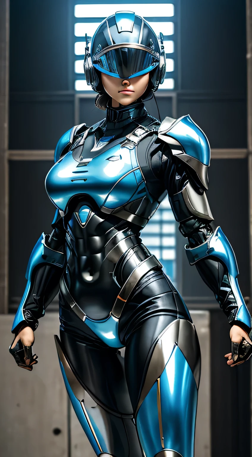 Female Robocop Solo、Bright outdoors、strong light source、8k, high quality, masterpiece, 最high quality, Crisp contrast、Very detailed、Full body armor、Very large armor、Helmet covering the head、Clear photos、The eyes are hidden by thin, translucent straight goggles.:1.3、The lower half of the face is raw々Shii:1.5、The lower half of the face is exposed、Seductive lips、Light blue and black metallic armor、Black accent color、Armor that completely covers the chest、Long, slender legs、Vibrant Posselo Body View,Big and ample breasts:1.5, (Sports Body:1.5)、Five Fingers、Hold a handgun、In the city