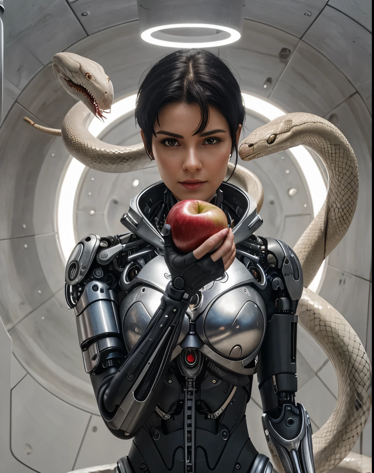 real photo, extremely realistic. beautiful woman, half cyborg, short black hair. holds an apple in his anus. a white snake is behind her.