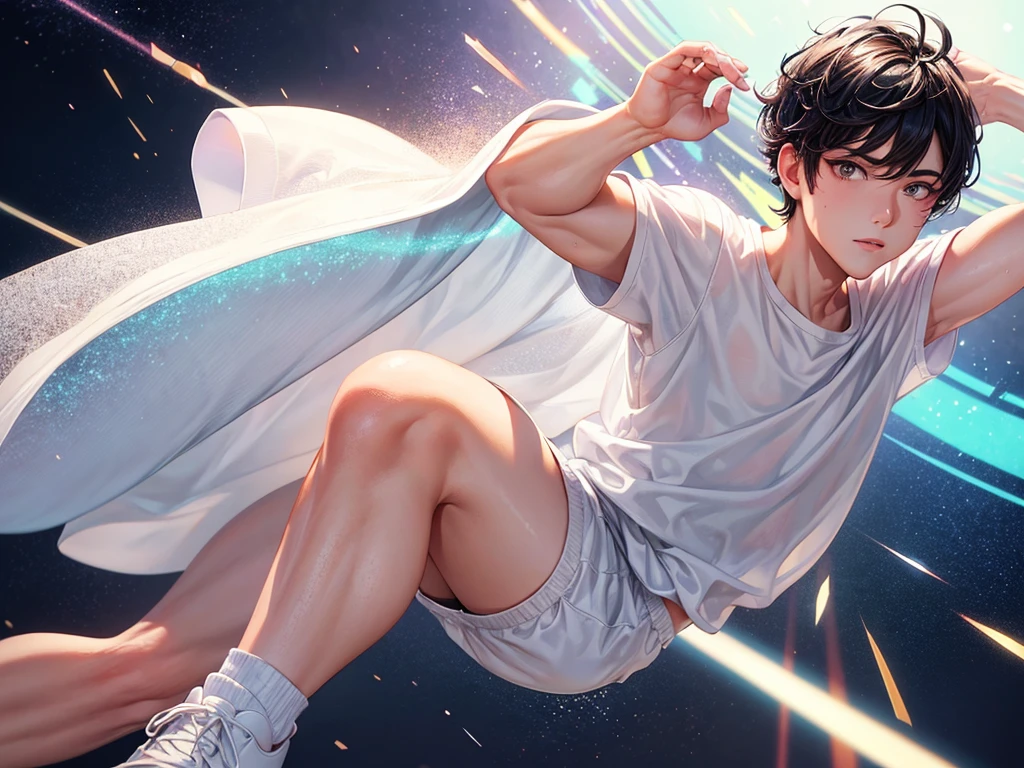 full body of a man from the front, sturdy in white underwear, sweaty skin, Short black hair, short white t-shirt, white sneakers with white socks, glam makeup, tuquoise background and multicolored light from below, bright glitter in the air and wind.