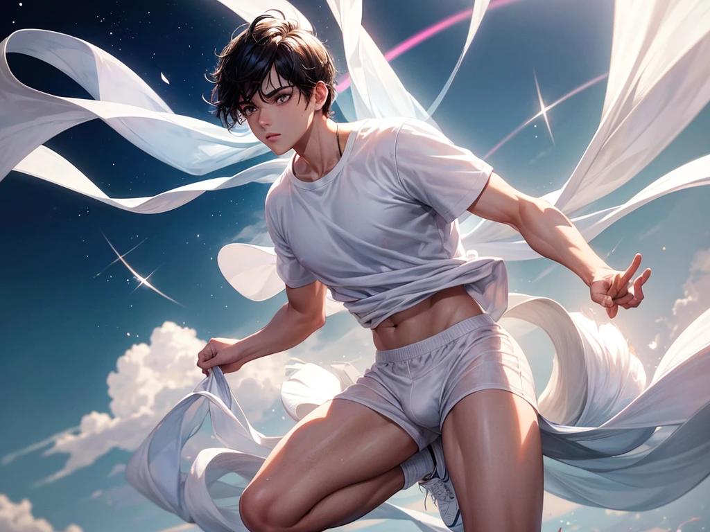 full body of a man from the front, sturdy in white underwear, sweaty skin, Short black hair, short white t-shirt, white sneakers with white socks, glam makeup, tuquoise background and multicolored light from below, bright glitter in the air and wind. 