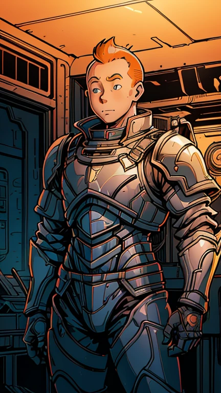 (Teens:1man: Tintin), (extremely detailed CG unit 8k wallpaper),(master part), (best quality), (ultra detali), (best illustration),(wsprmr), cowboy shot, (Sharp eyeliner, ombre, detailed eyes:1),Dark midnight derelict spaceship interiors background, ,break , (wearing armor), upper body, short hair, orange hair