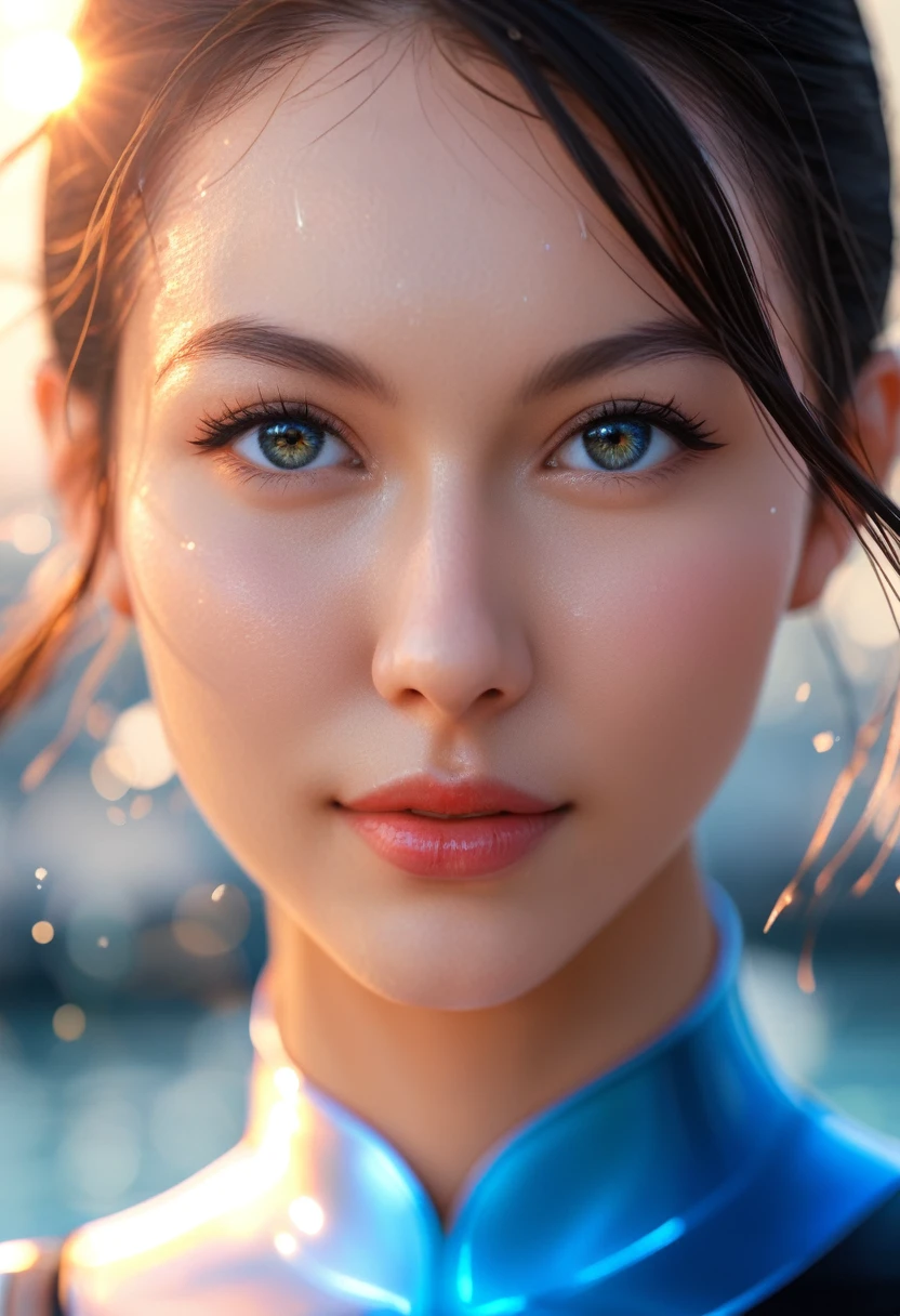 Epic water bending shot, in front, Award-winning photographs, wuxia, A beautiful Chinese woman，extreme close-up - focus on face, in photorealistic eye style, bokeh，in hyperrealistic illustration style, super ultra detail, screenshot from the movieUnreal Engine, ZbrushArte 3DVray，Private Brightness，Aftereffect，Optical flares --niji 5 --expressive style --s 400